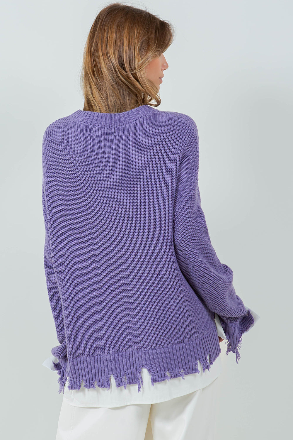 DISTRESSED POPLIN CONTRAST KNITTED SWEATER - LAVENDER/WHITE