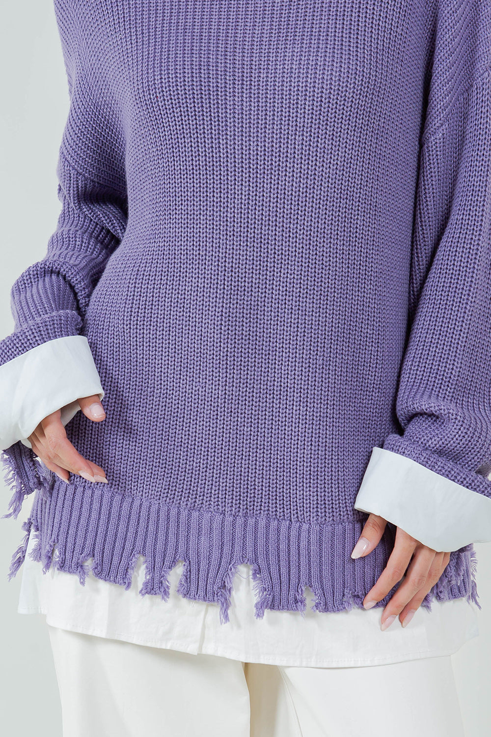 DISTRESSED POPLIN CONTRAST KNITTED SWEATER - LAVENDER/WHITE