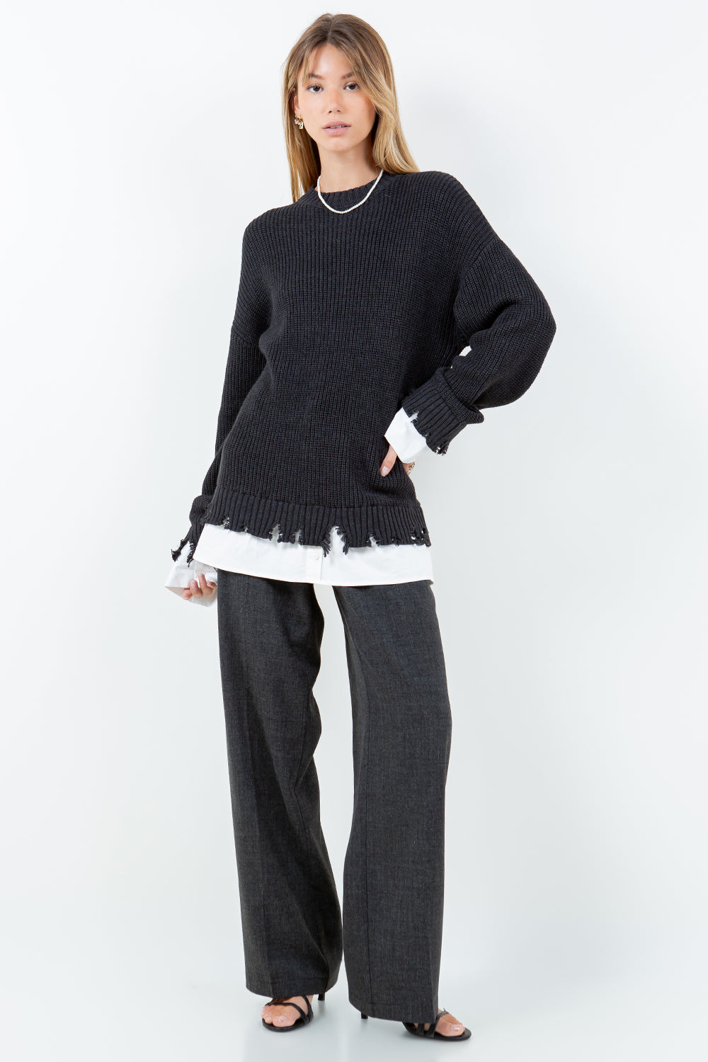 DISTRESSED POPLIN CONTRAST KNITTED SWEATER - CHARCOAL/WHITE