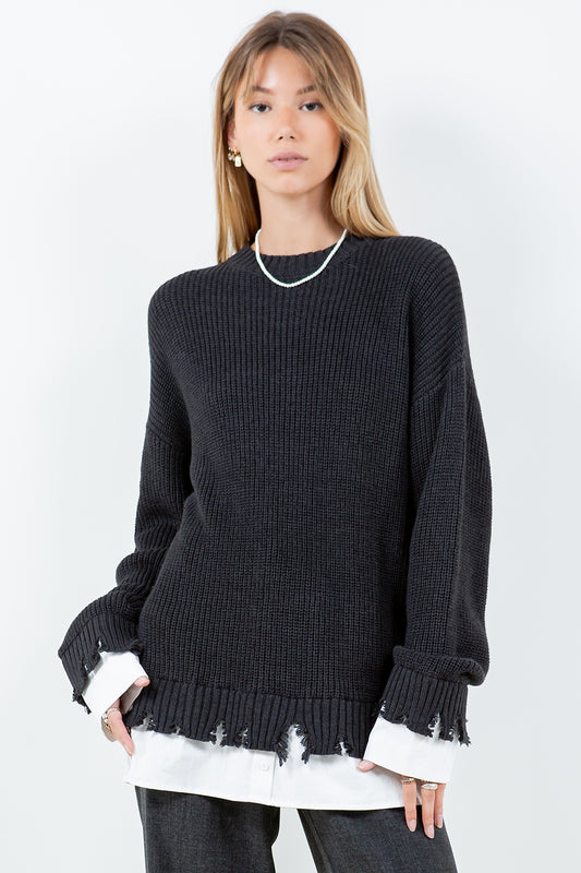 DISTRESSED POPLIN CONTRAST KNITTED SWEATER - CHARCOAL/WHITE