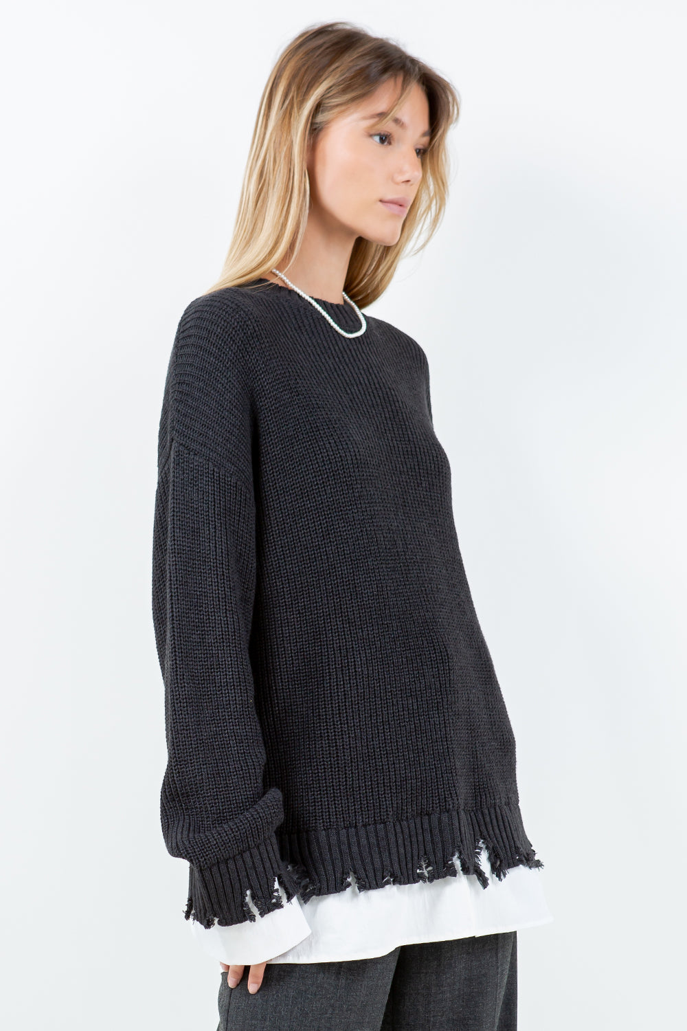 DISTRESSED POPLIN CONTRAST KNITTED SWEATER - CHARCOAL/WHITE