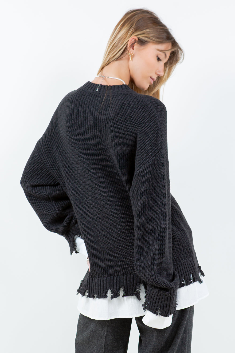 DISTRESSED POPLIN CONTRAST KNITTED SWEATER - CHARCOAL/WHITE