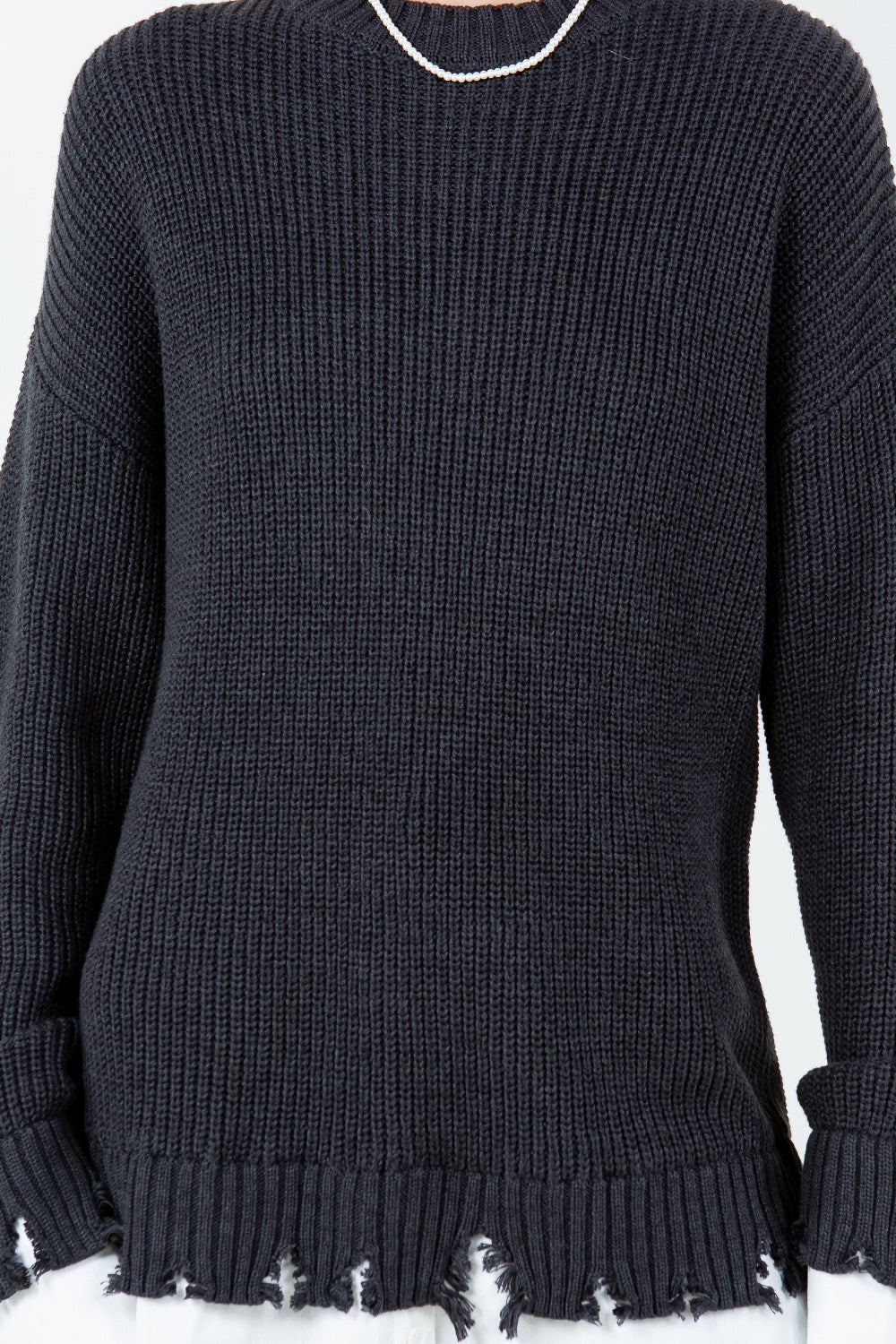 DISTRESSED POPLIN CONTRAST KNITTED SWEATER - CHARCOAL/WHITE