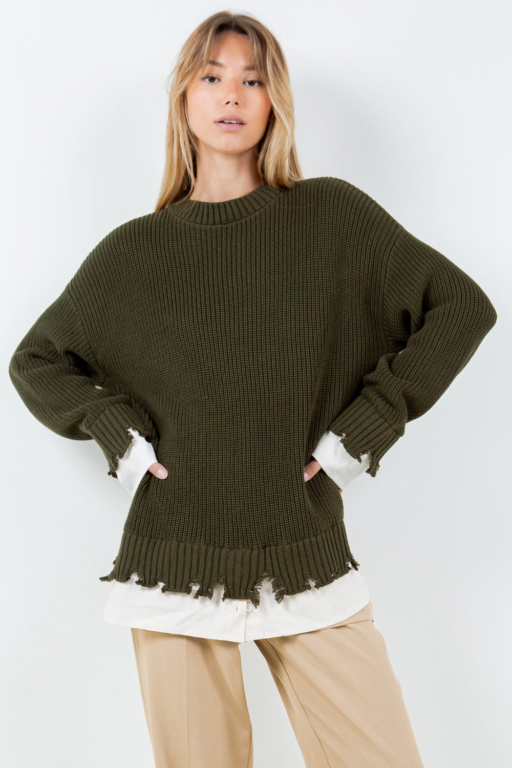 DISTRESSED POPLIN CONTRAST KNITTED SWEATER - OLIVE/BEIGE