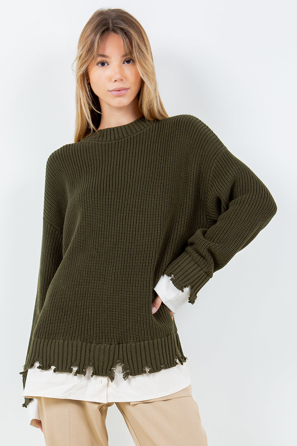 DISTRESSED POPLIN CONTRAST KNITTED SWEATER - OLIVE/BEIGE