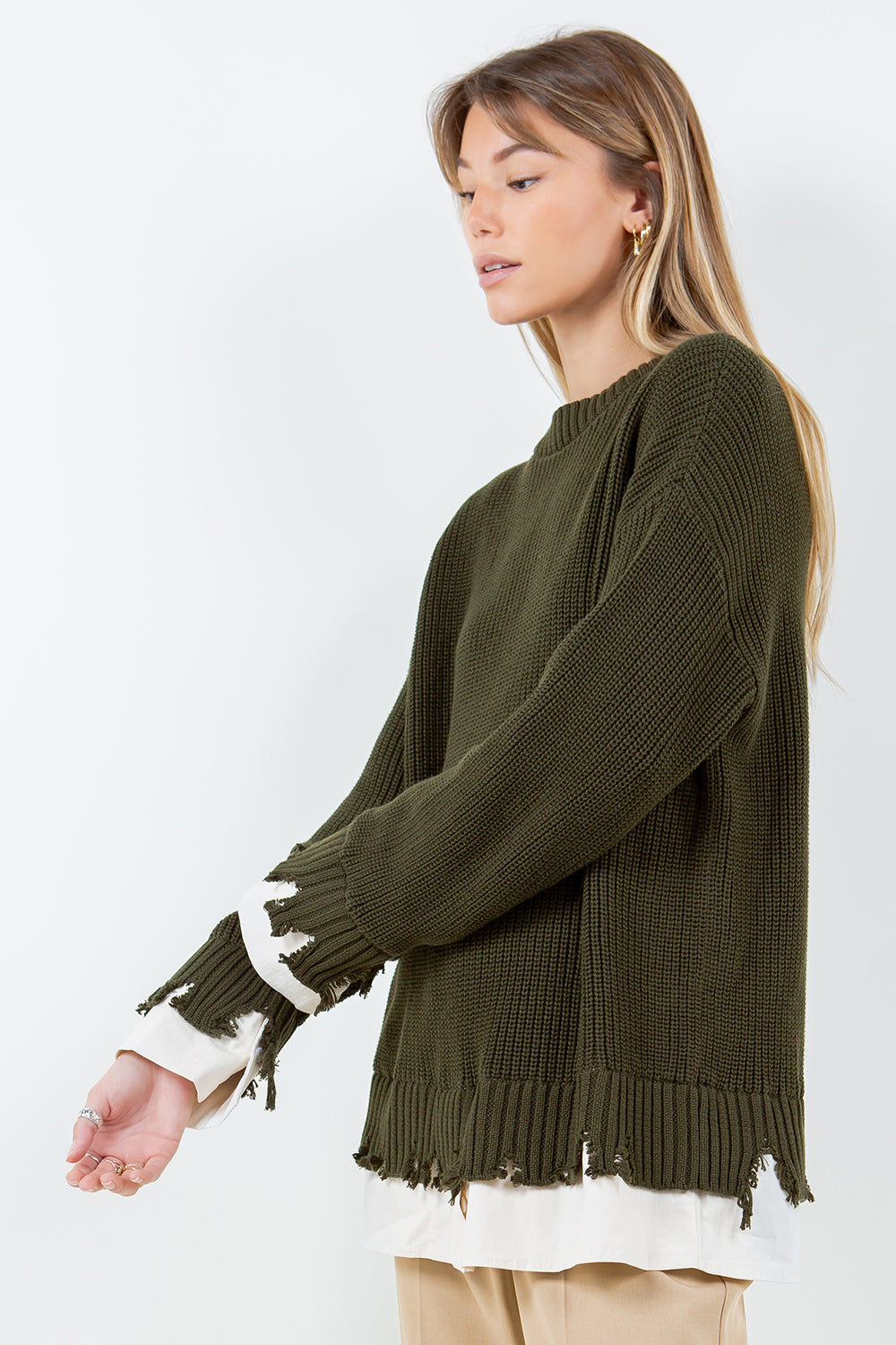 DISTRESSED POPLIN CONTRAST KNITTED SWEATER - OLIVE/BEIGE