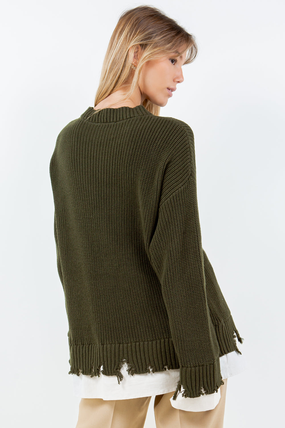 DISTRESSED POPLIN CONTRAST KNITTED SWEATER - OLIVE/BEIGE