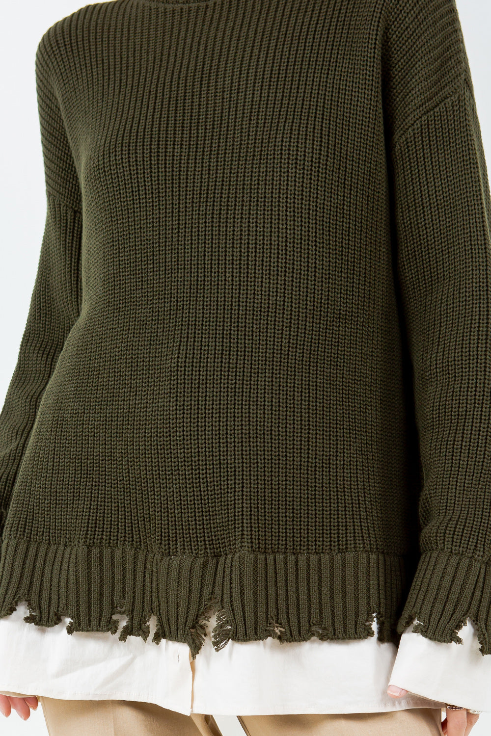 DISTRESSED POPLIN CONTRAST KNITTED SWEATER - OLIVE/BEIGE