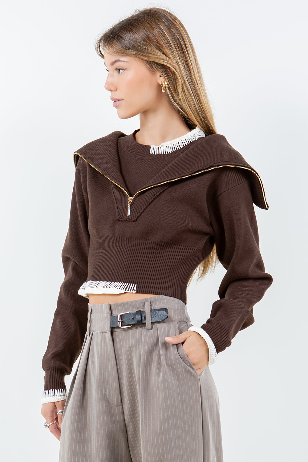 DOUBLE LAYER ZIP UP SWEATER W CROCHET THREADING - DK BROWN