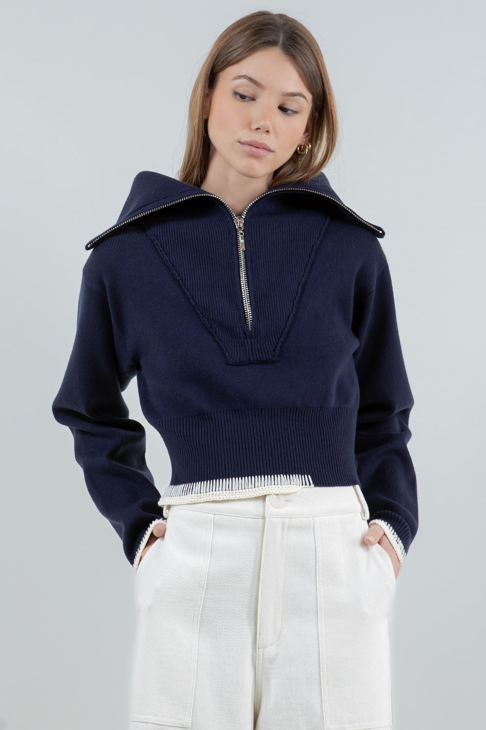 DOUBLE LAYER ZIP UP SWEATER W CROCHET THREADING - NAVY