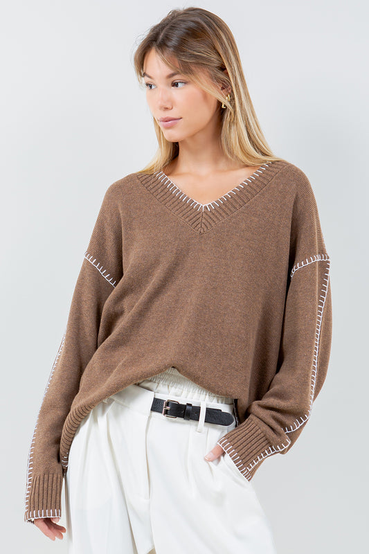 CONTRAST BLANKET STITCH DETAILED SWEATER - CAMEL