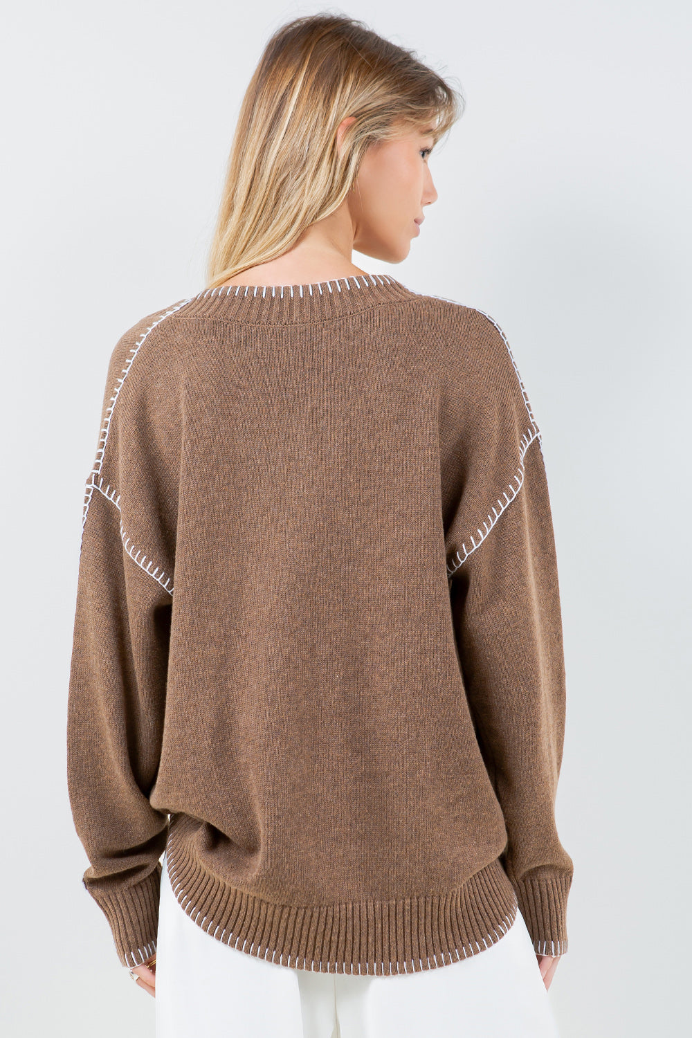 CONTRAST BLANKET STITCH DETAILED SWEATER - CAMEL