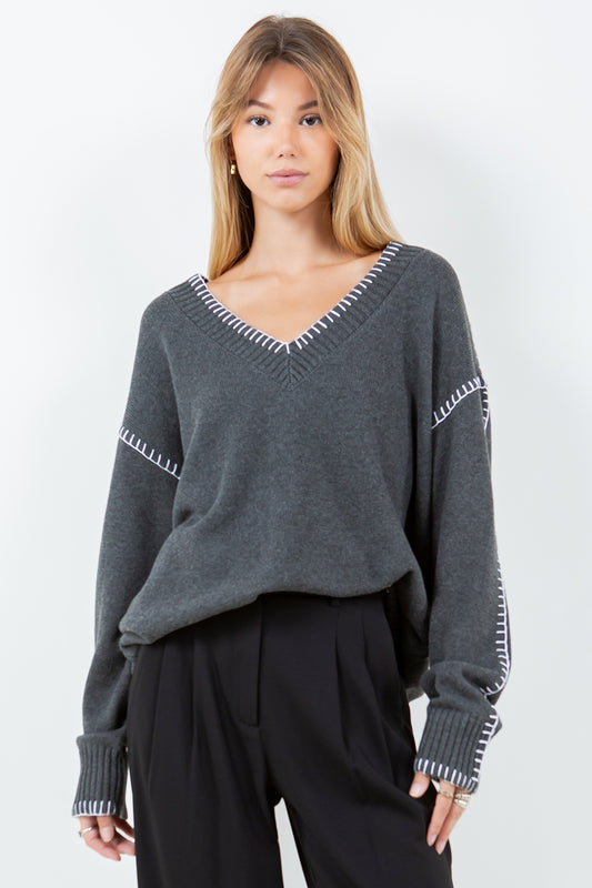 CONTRAST BLANKET STITCH DETAILED SWEATER - CHARCOAL