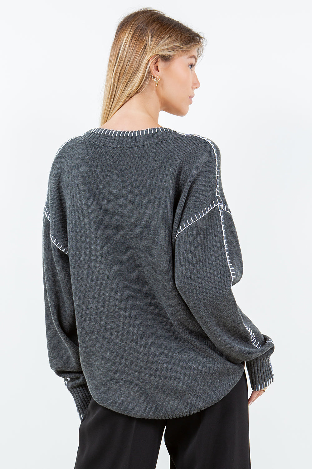 CONTRAST BLANKET STITCH DETAILED SWEATER - CHARCOAL