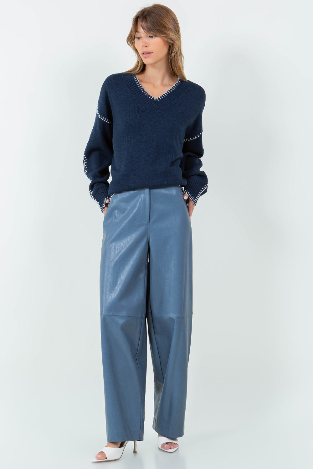 SEAM DETAIL PU LEATHER PANTS - DUSTY BLUE