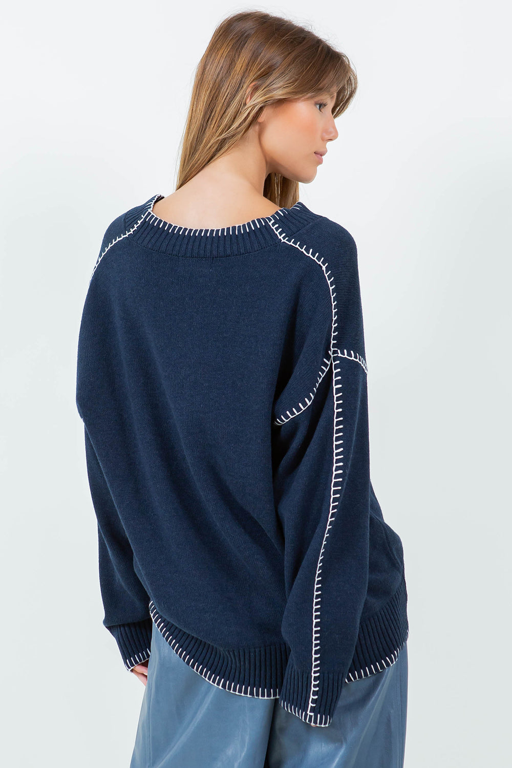 CONTRAST BLANKET STITCH DETAILED SWEATER - NAVY