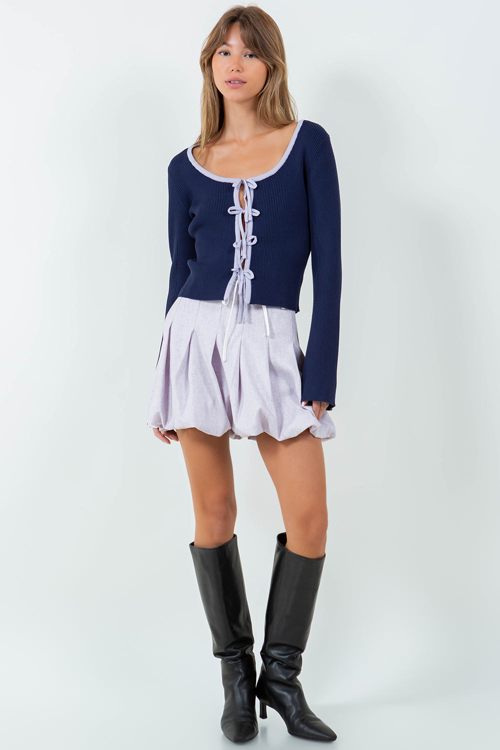 CONTRAST WAIST BALLOON MINI SKIRT - LAVENDER