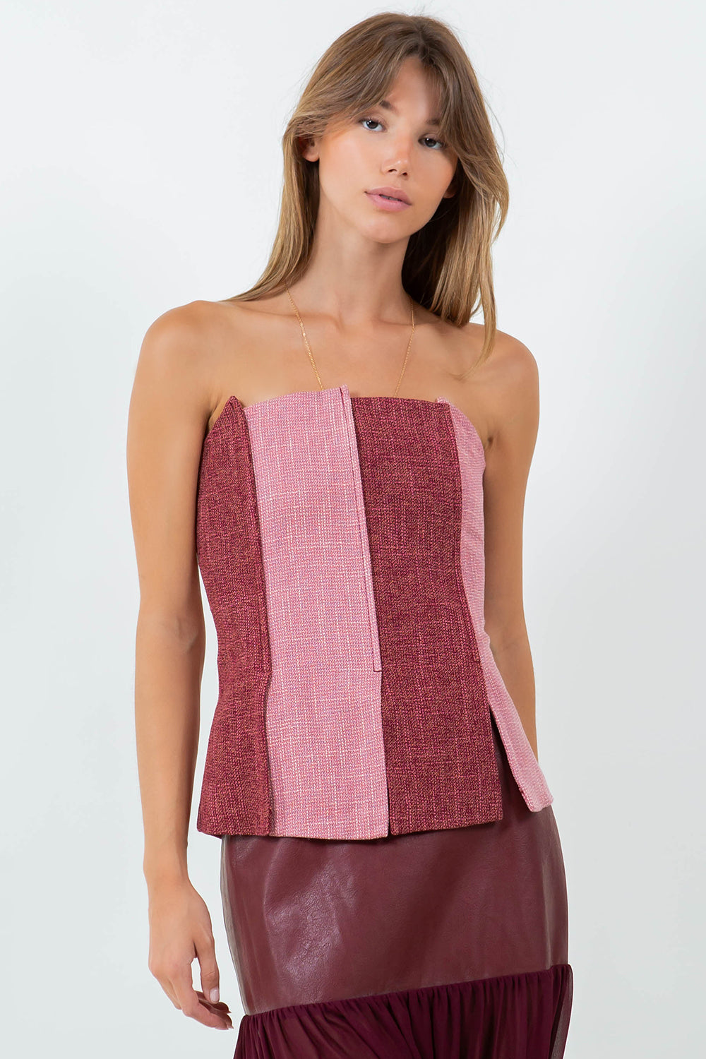 TWO TONE TWEED BUSTIER TOP - BURGUNDY COMBO