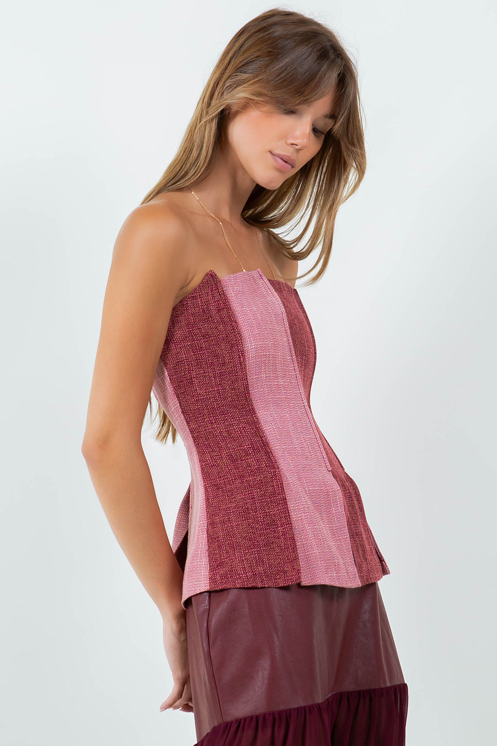 TWO TONE TWEED BUSTIER TOP - BURGUNDY COMBO