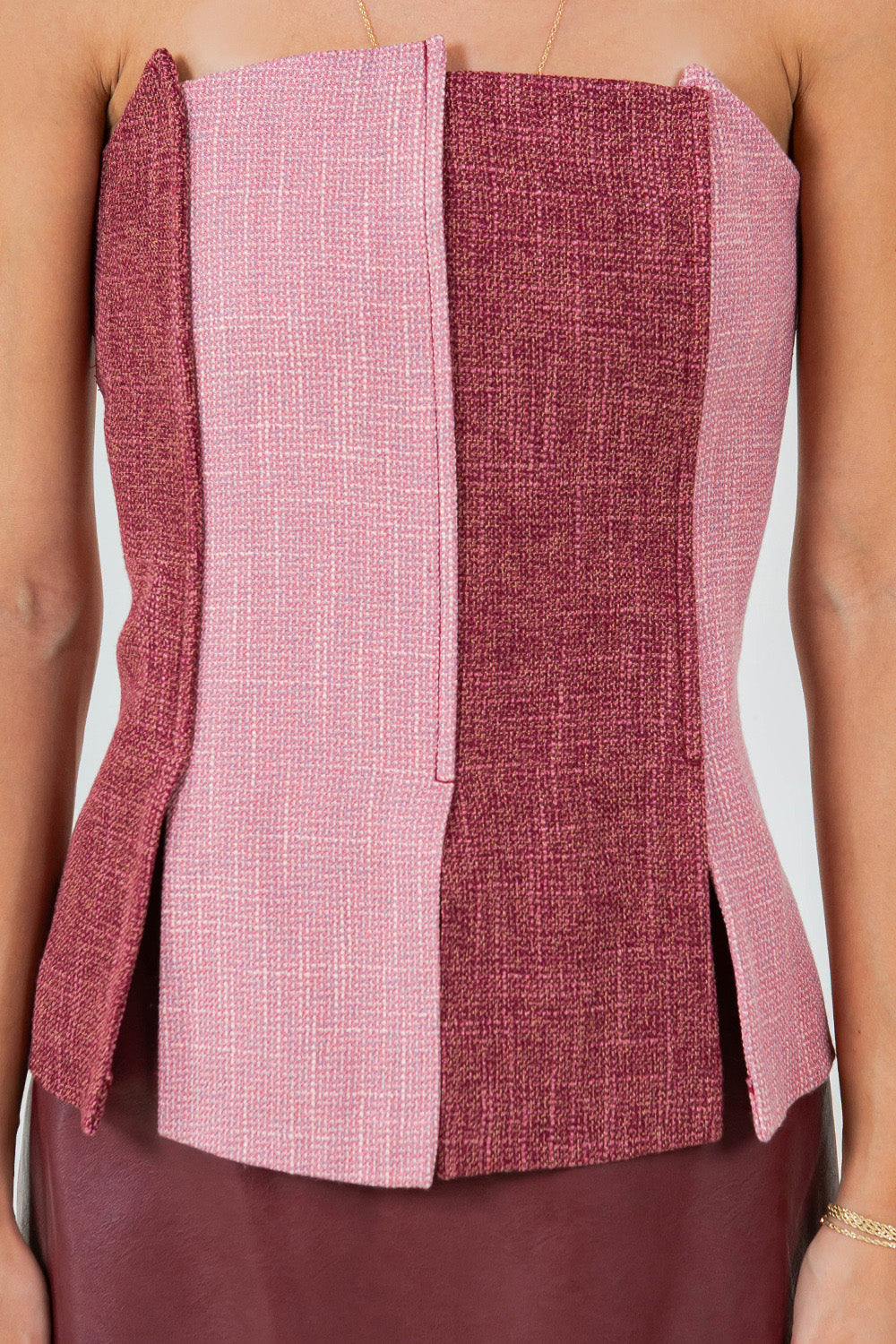 TWO TONE TWEED BUSTIER TOP - BURGUNDY COMBO