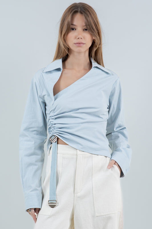 ADJUSTABLE STRAP COLLARED POPLIN SHIRT - LT BLUE