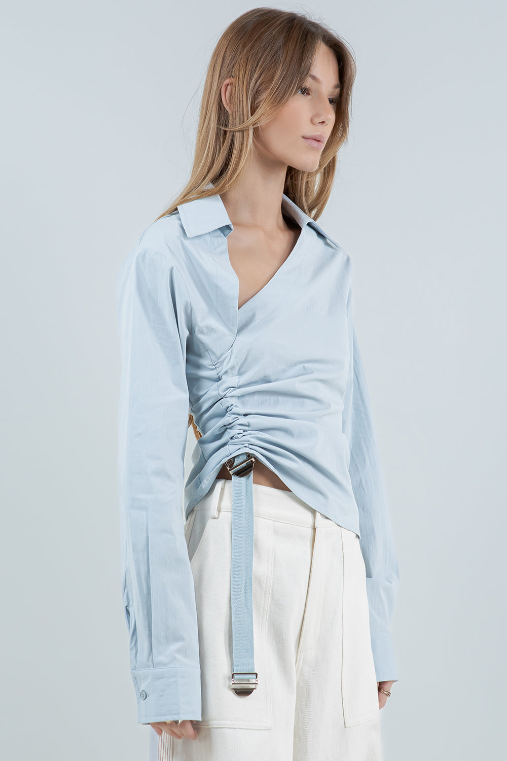 ADJUSTABLE STRAP COLLARED POPLIN SHIRT - LT BLUE