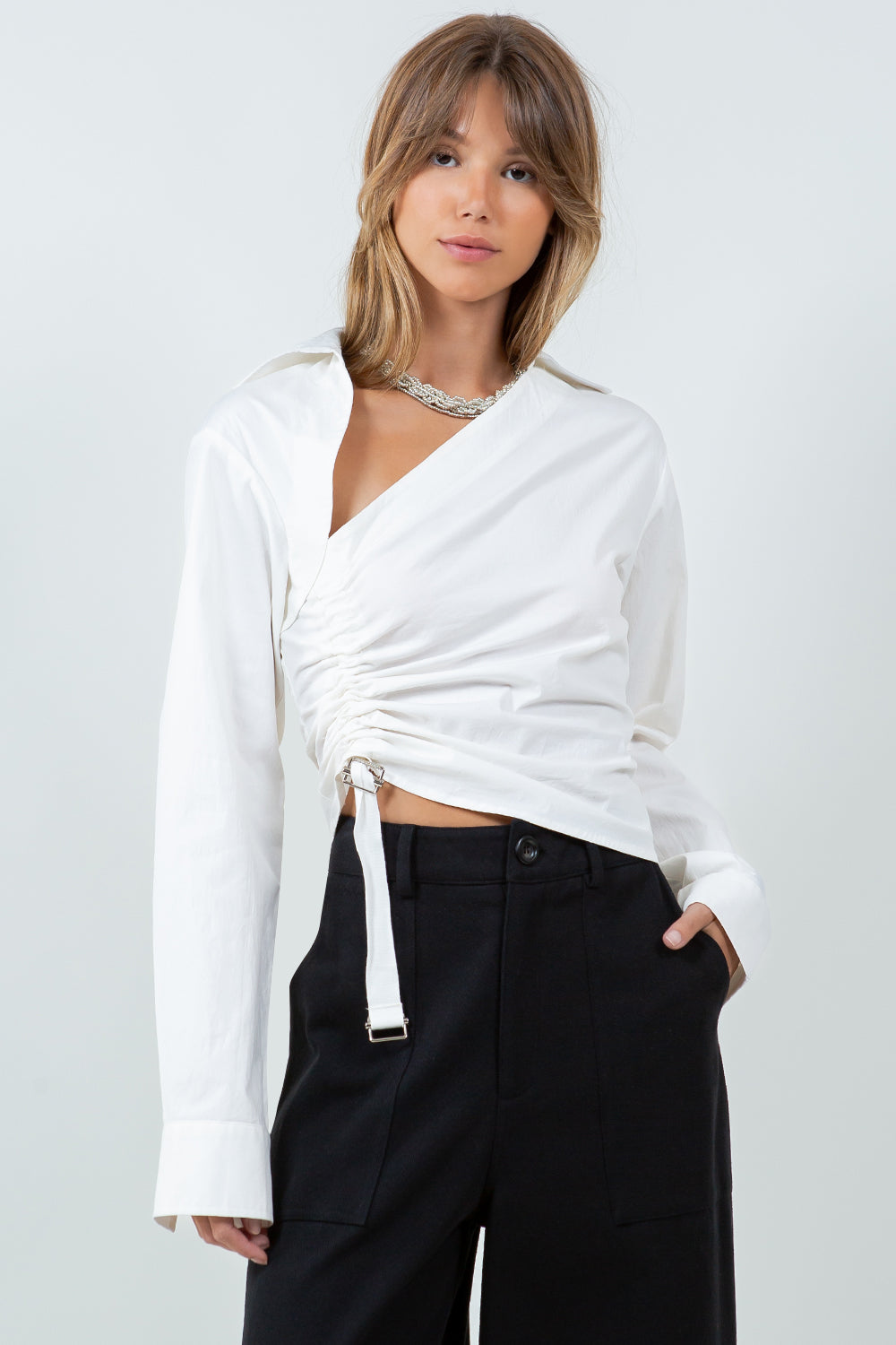 ADJUSTABLE STRAP COLLARED POPLIN SHIRT - WHITE