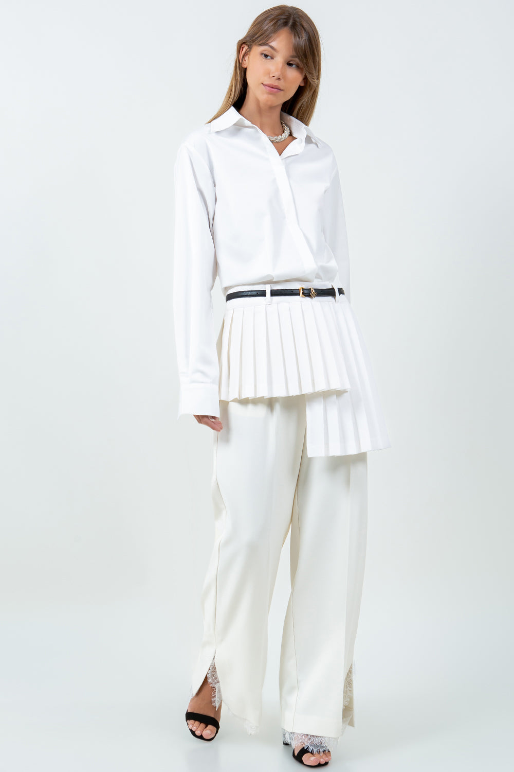 CONTRAST ASYMMETRICAL PLEAT DETAILED POPLIN SHIRT - WHITE