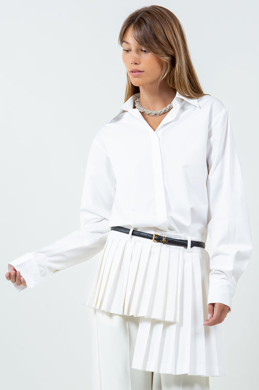 CONTRAST ASYMMETRICAL PLEAT DETAILED POPLIN SHIRT - WHITE