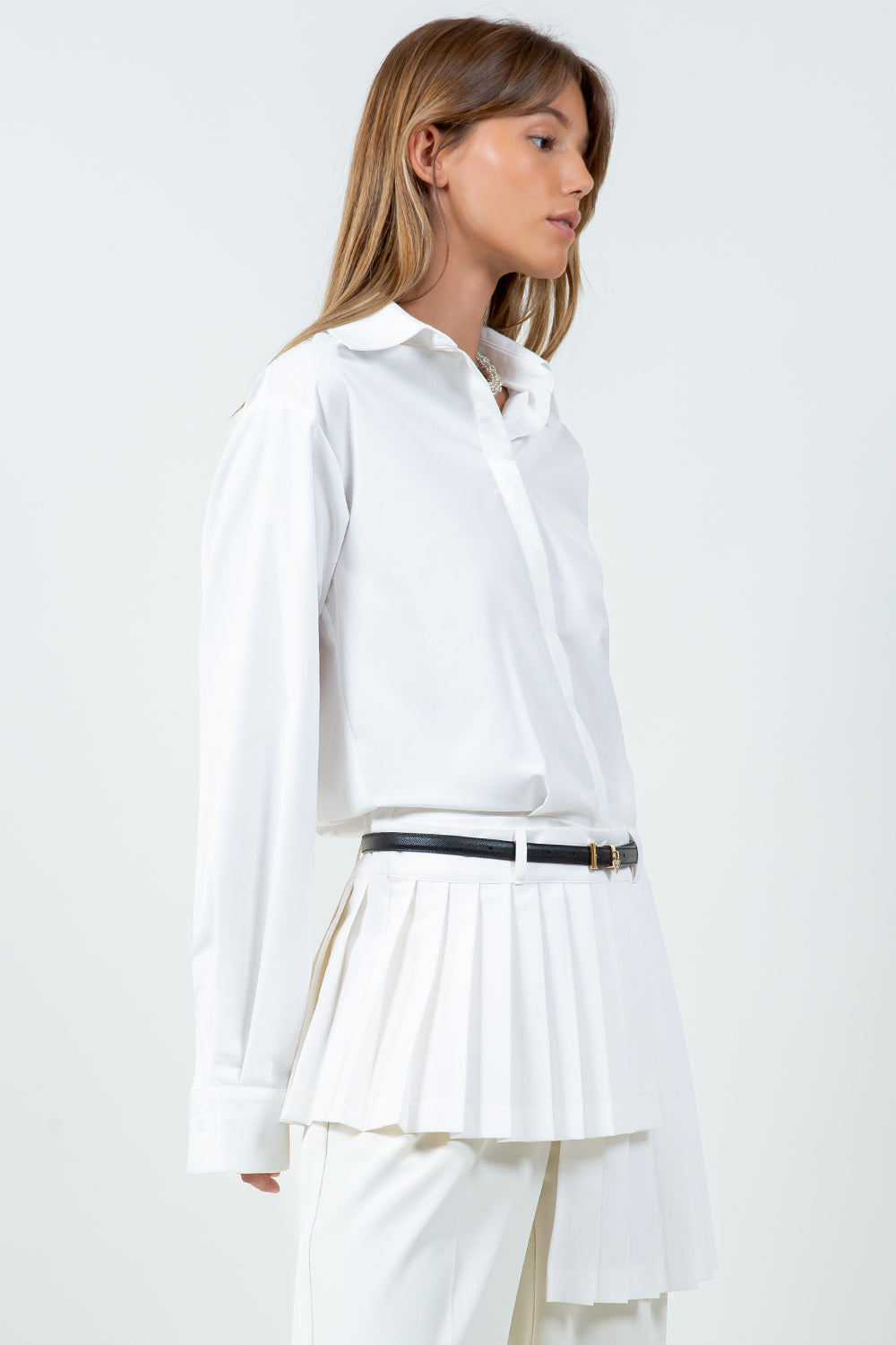 CONTRAST ASYMMETRICAL PLEAT DETAILED POPLIN SHIRT - WHITE