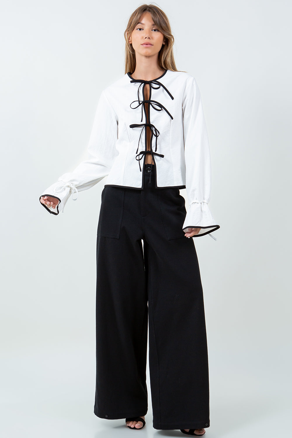 STRUCTURED WOVEN CONTRAST BOWS BLOUSE - WHITE