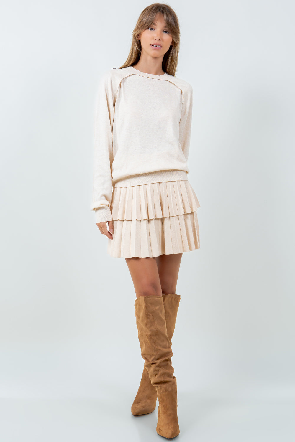 DOUBLE PLEATED KNITTED MINI SKIRT - CREAM