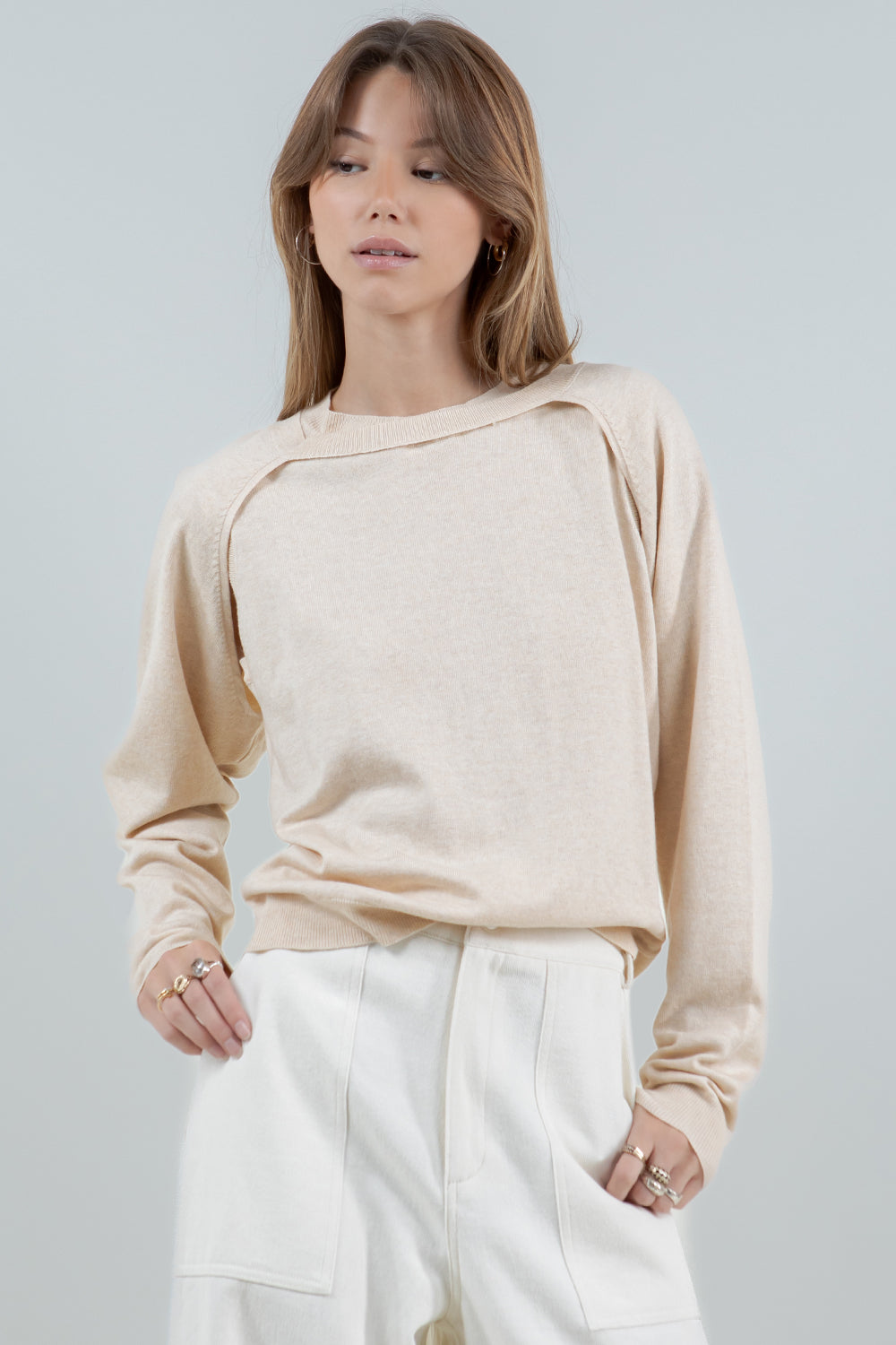 DOUBLE LAYER BOLERO KNITTED SWEATER - CREAM