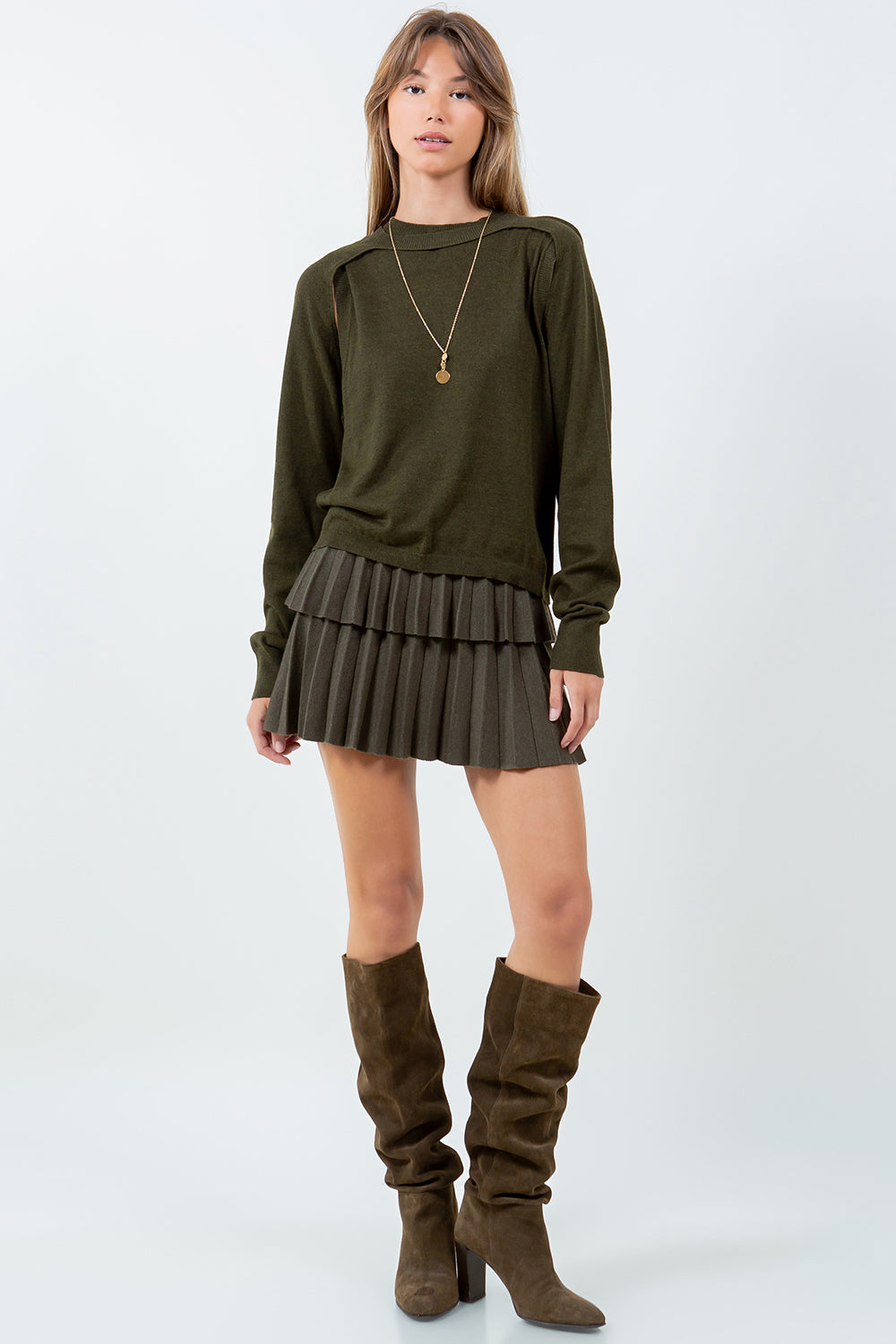 DOUBLE PLEATED KNITTED MINI SKIRT - OLIVE