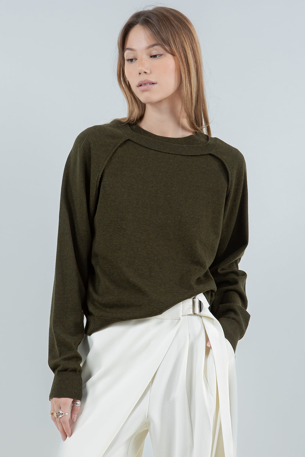 DOUBLE LAYER BOLERO KNITTED SWEATER - OLIVE