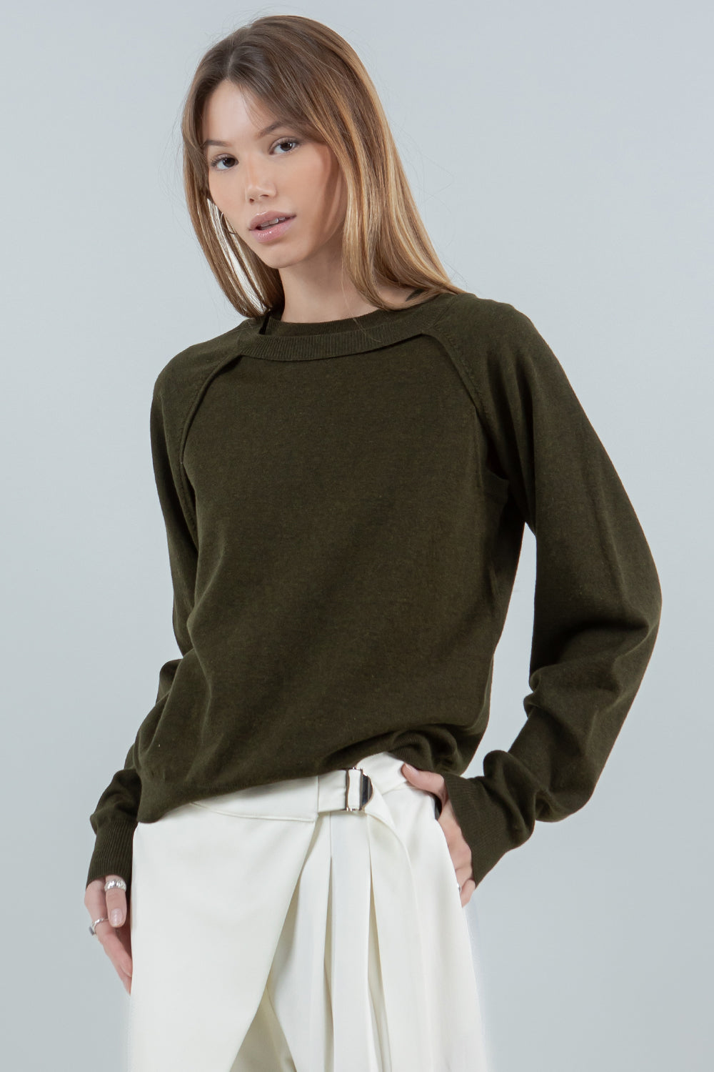 DOUBLE LAYER BOLERO KNITTED SWEATER - OLIVE