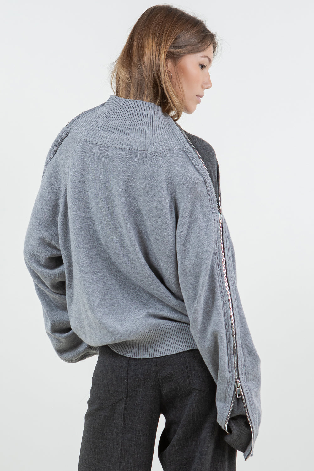 MULTI WAY ZIPPER SWEATER WITH CONTRAST INNER PANEL - GREY