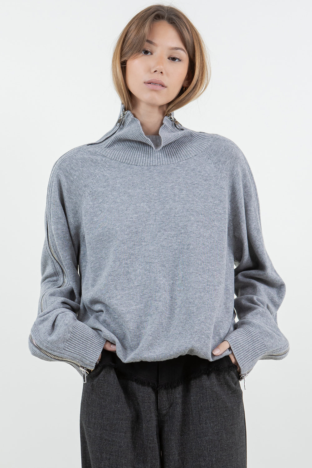 MULTI WAY ZIPPER SWEATER WITH CONTRAST INNER PANEL - GREY