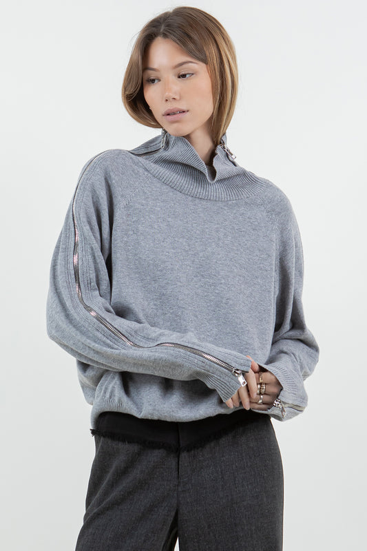 MULTI WAY ZIPPER SWEATER WITH CONTRAST INNER PANEL - GREY