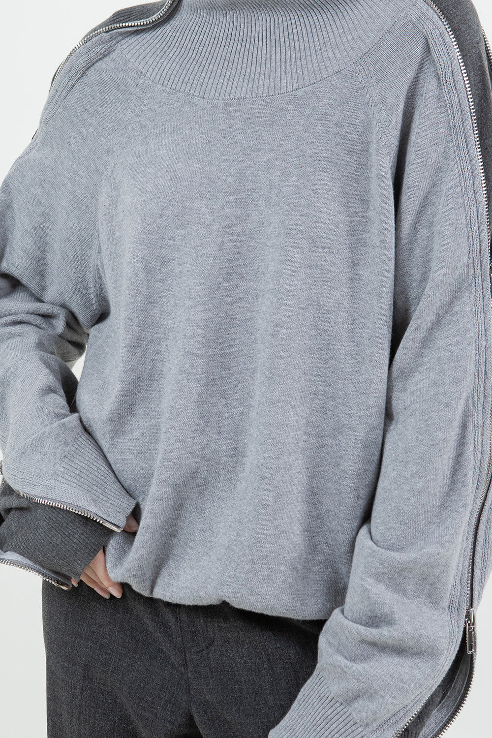 MULTI WAY ZIPPER SWEATER WITH CONTRAST INNER PANEL - GREY