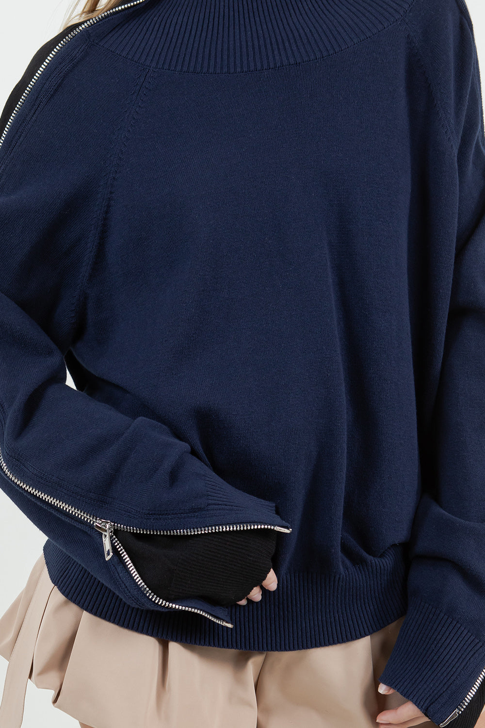 MULTI WAY ZIPPER SWEATER WITH CONTRAST INNER PANEL - NAVY