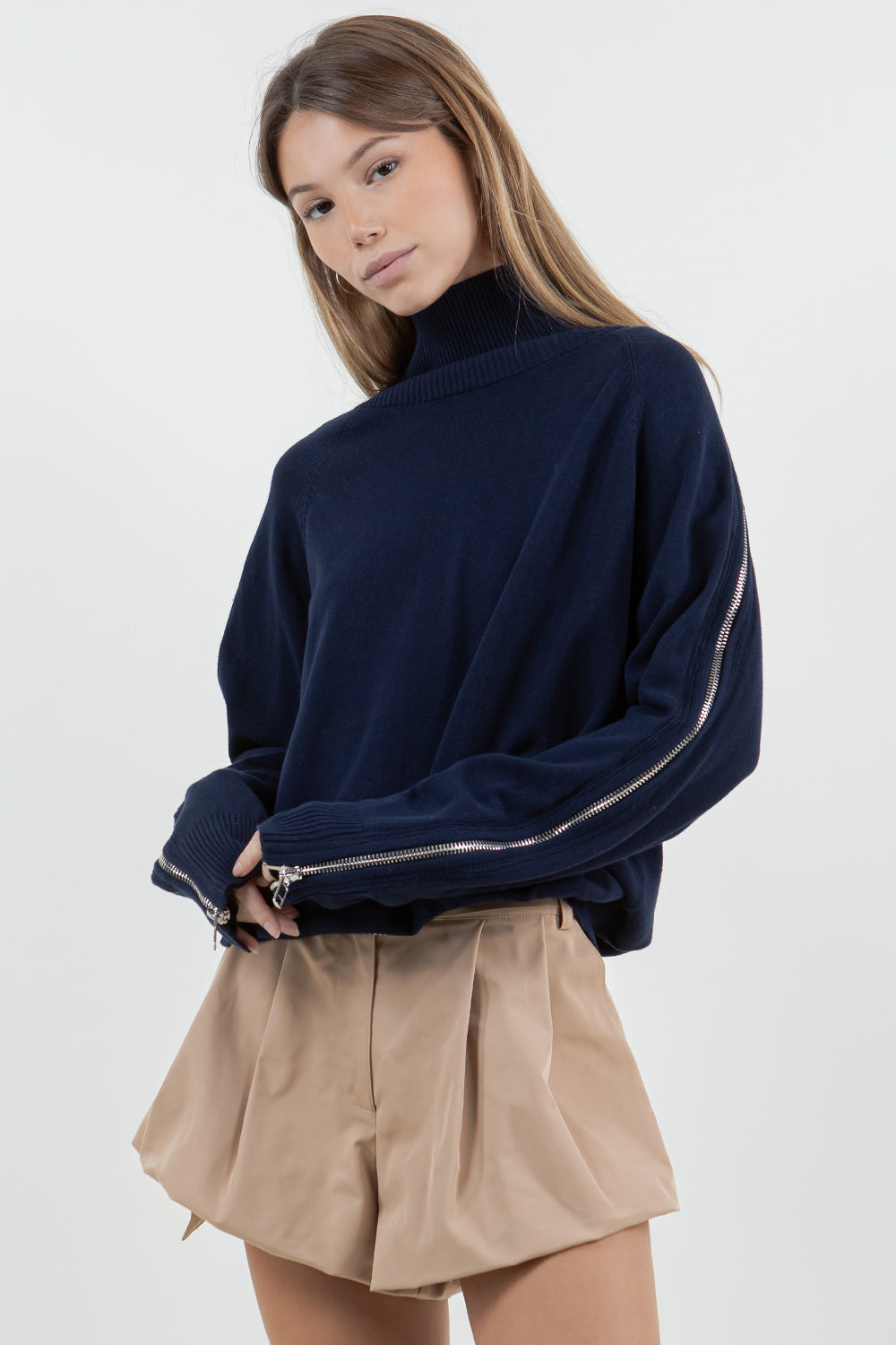 MULTI WAY ZIPPER SWEATER WITH CONTRAST INNER PANEL - NAVY