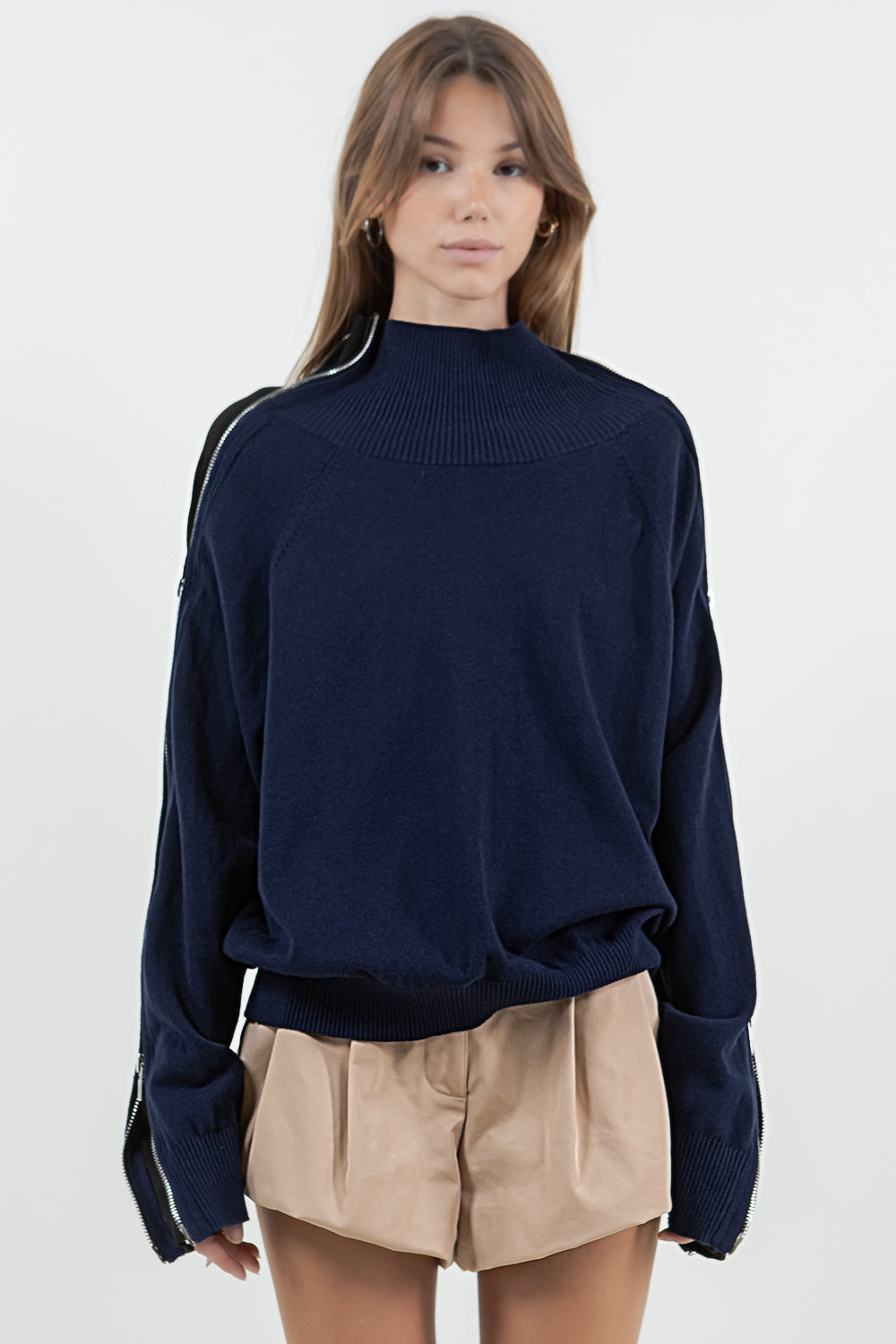 MULTI WAY ZIPPER SWEATER WITH CONTRAST INNER PANEL - NAVY