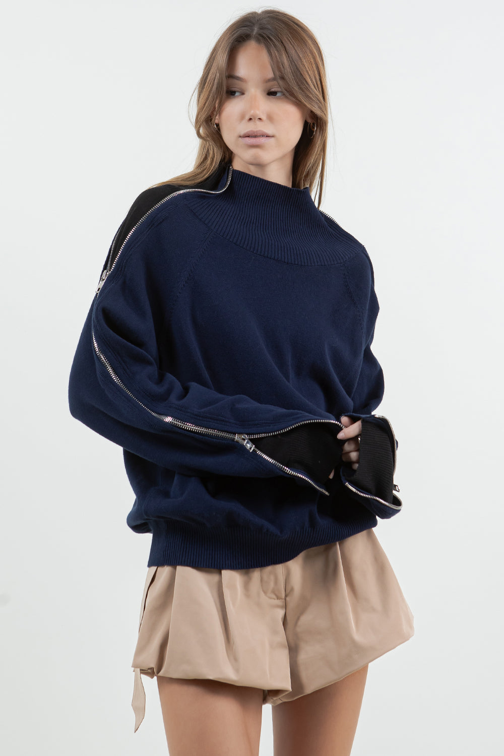 MULTI WAY ZIPPER SWEATER WITH CONTRAST INNER PANEL - NAVY