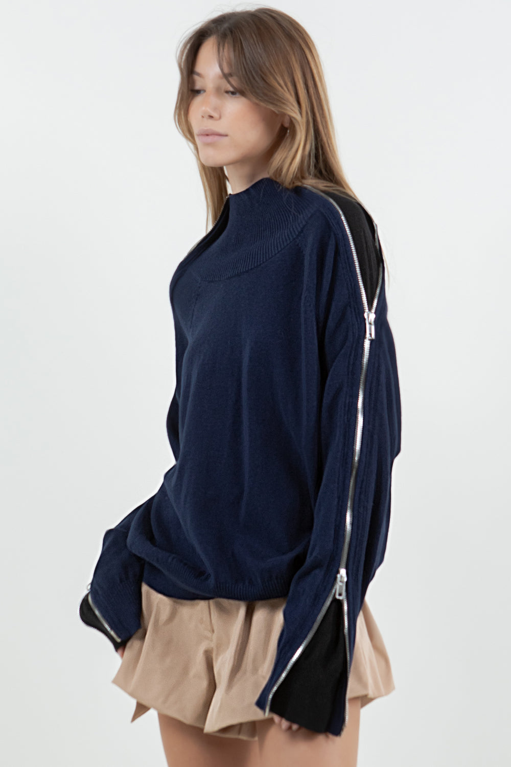 MULTI WAY ZIPPER SWEATER WITH CONTRAST INNER PANEL - NAVY