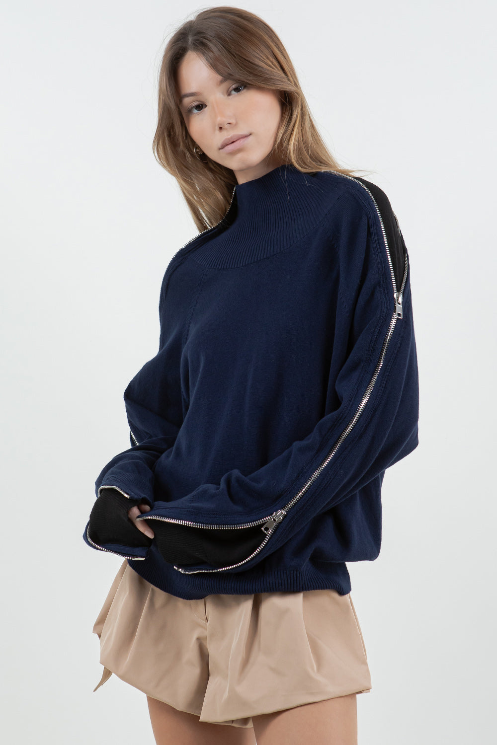 MULTI WAY ZIPPER SWEATER WITH CONTRAST INNER PANEL - NAVY