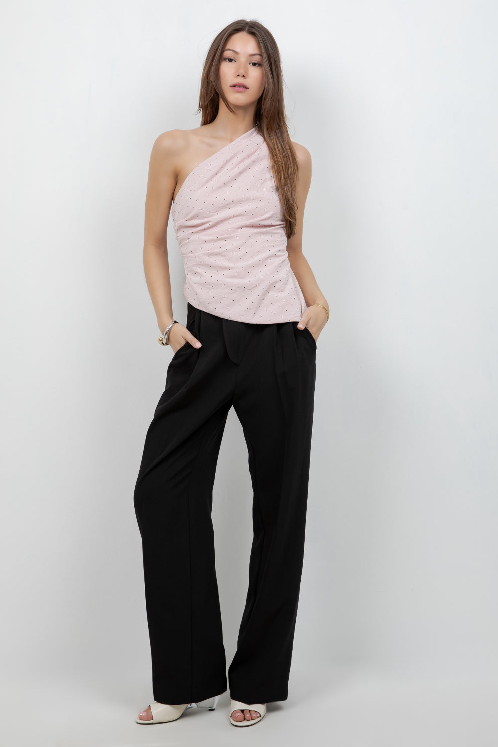 ASYMMETRICAL ONE SHOULDER POLKA DOT TOP (PINK) - Whiteroom+Cactus