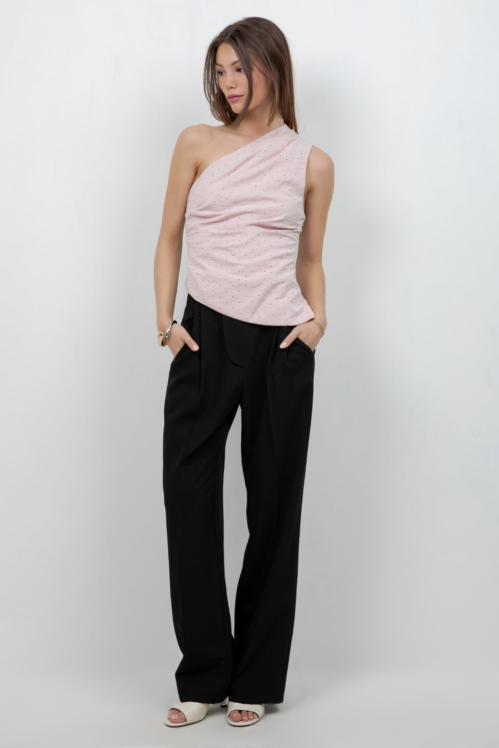 ASYMMETRICAL ONE SHOULDER POLKA DOT TOP (PINK) - Whiteroom+Cactus