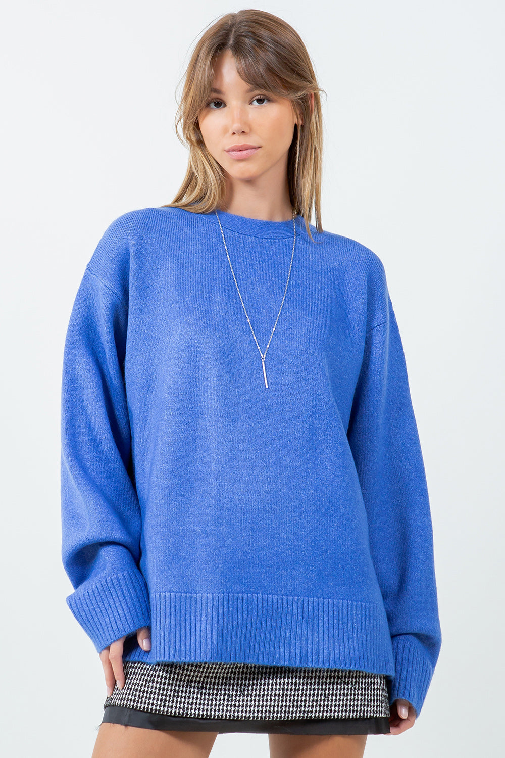 OPEN BACK WITH ADJUSTERS FUZZY KNITTED SWEATER - BLUE