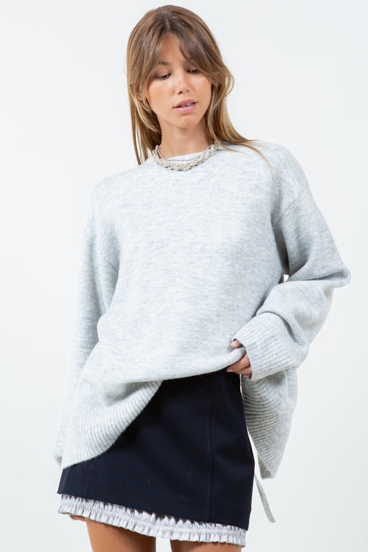 OPEN BACK WITH ADJUSTERS FUZZY KNITTED SWEATER - HEATHER GREY